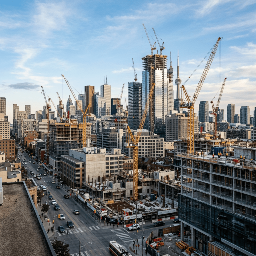 City skyline with many cranes and buildings under construction