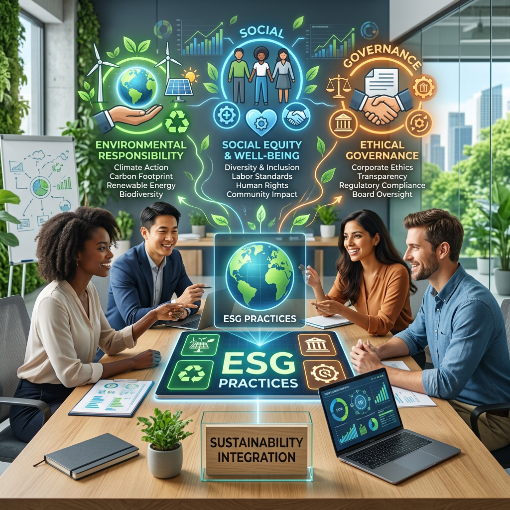 Four professionals in a meeting discussing environmental, social, and governance ESG sustainability practices with digital infographic overlay