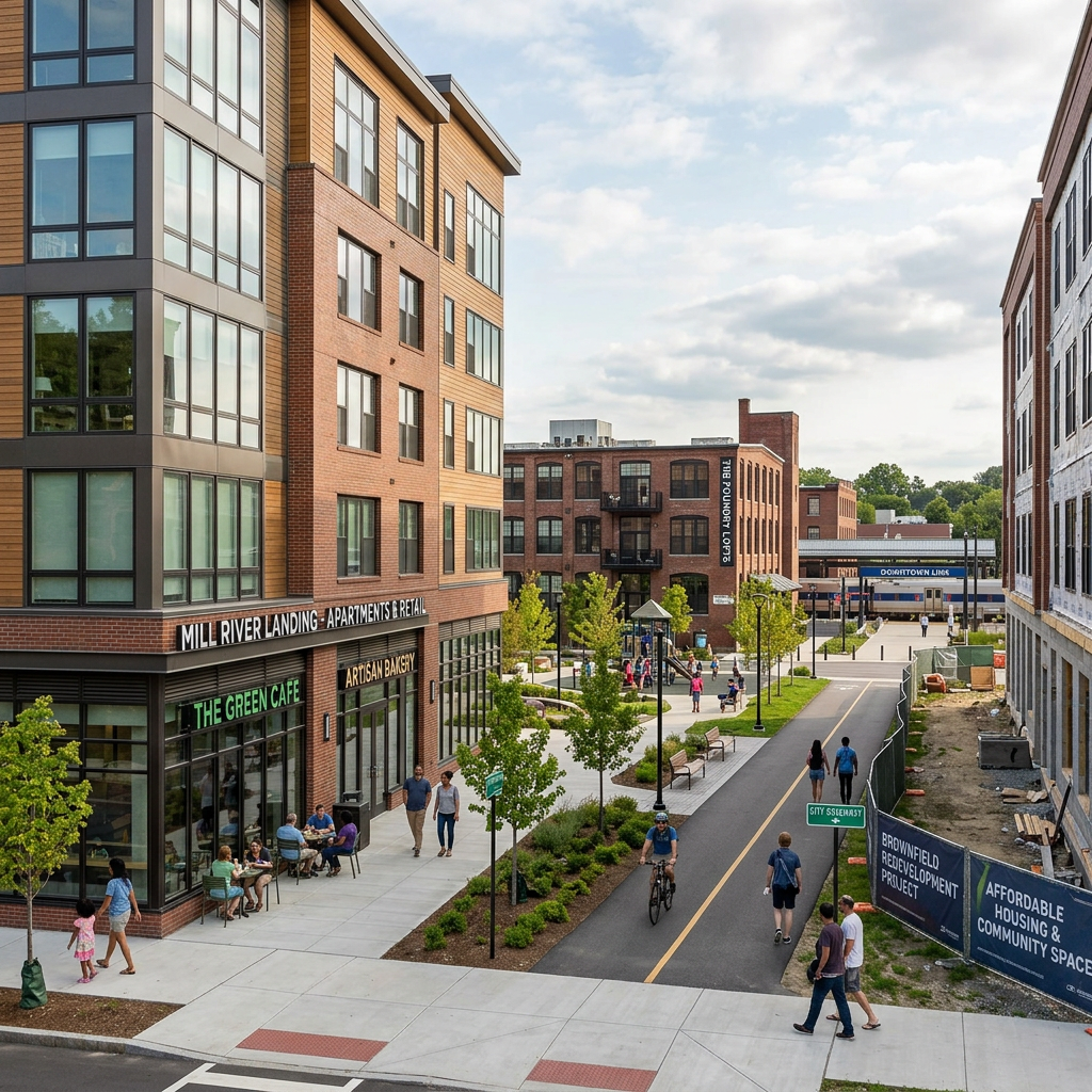 People walking and biking near apartments and shops in an urban redevelopment area